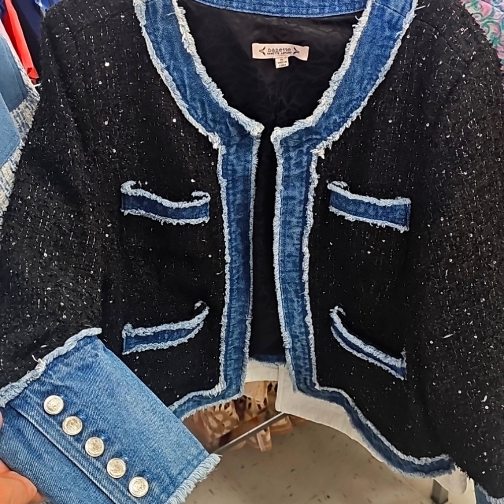 NEW 🧥 NANETTE LEPORE Black/denim Boucle Jacket With Denim Trim